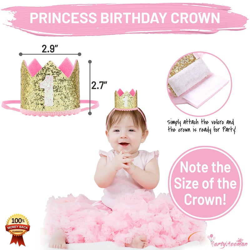 PartyHooman First Birthday Decorations for Girl | 1st Baby Girl Number 1 Balloon, Happy Birthday Banner, â€œOneâ€ Cake Topper, Star Garland, Marble Pink, Gold Confetti, Heart Balloons, Paper Tassels | PartyHooman - Image 3